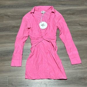 Princess Polly 2 Levi Mini Dress Barbie Pink Twist Deep V Cut Collar Long Sleeve
